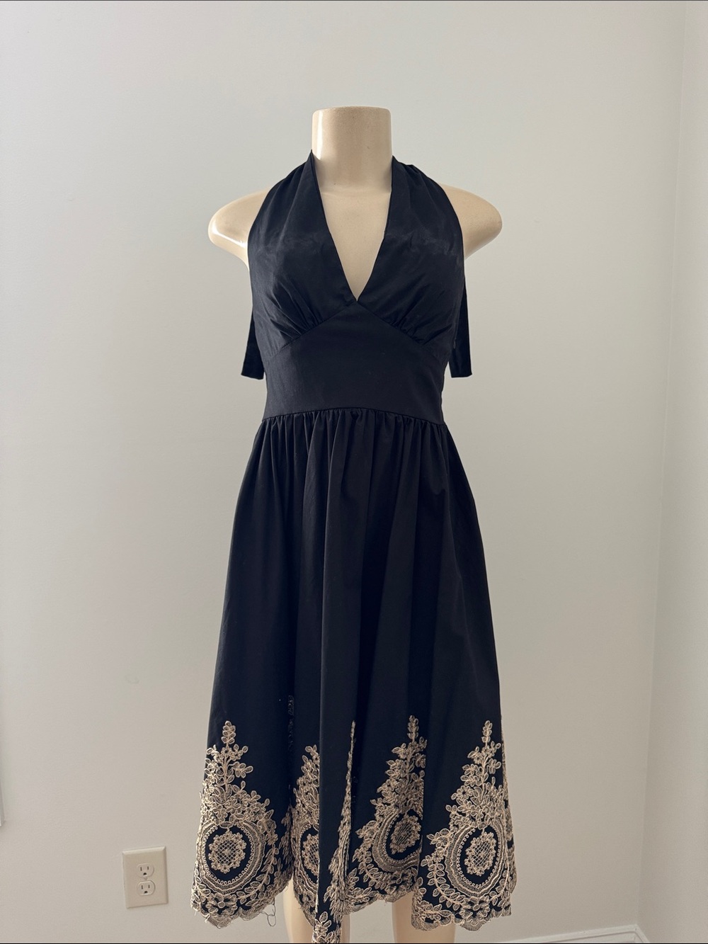 Black Halter Midi Dress with Gold Embroidered Hem